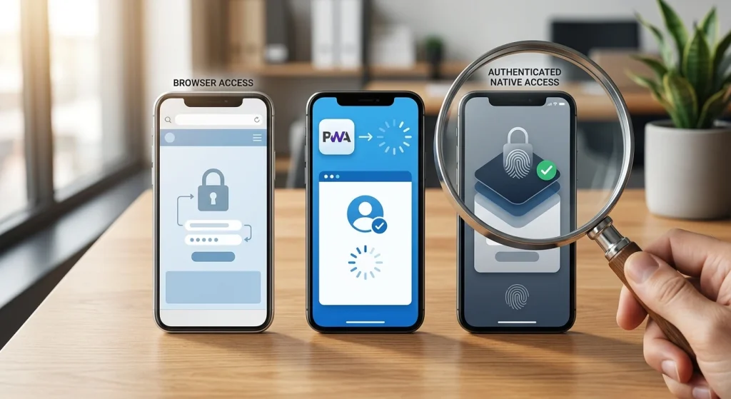 Conceptillustratie van een smartphone met neutrale browser-, PWA- en appvormen zonder echte Gamix-interface